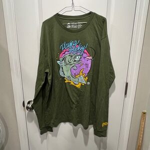 Neff Mens Long Sleeve Playing‎ Hooky Fishing Graphic Tee Olive Green Size 2X